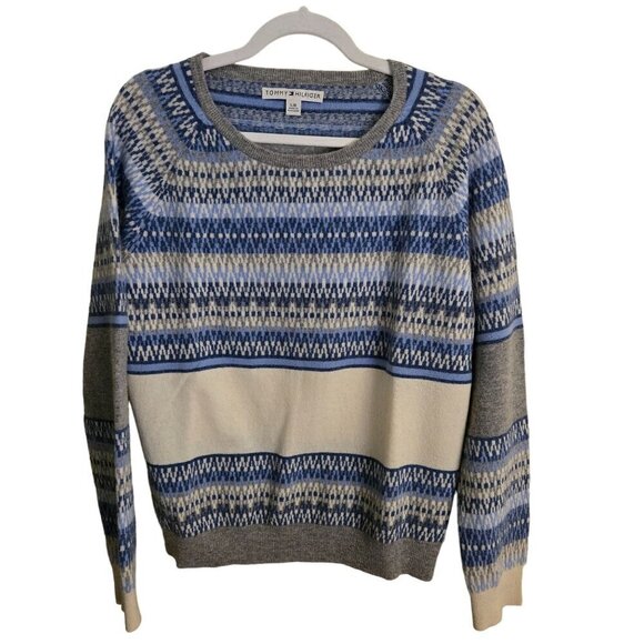 Tommy Hilfiger Vintage Lambswool Fairisle Nordic Sweater Blue Gray Cream Size L - Picture 1 of 6